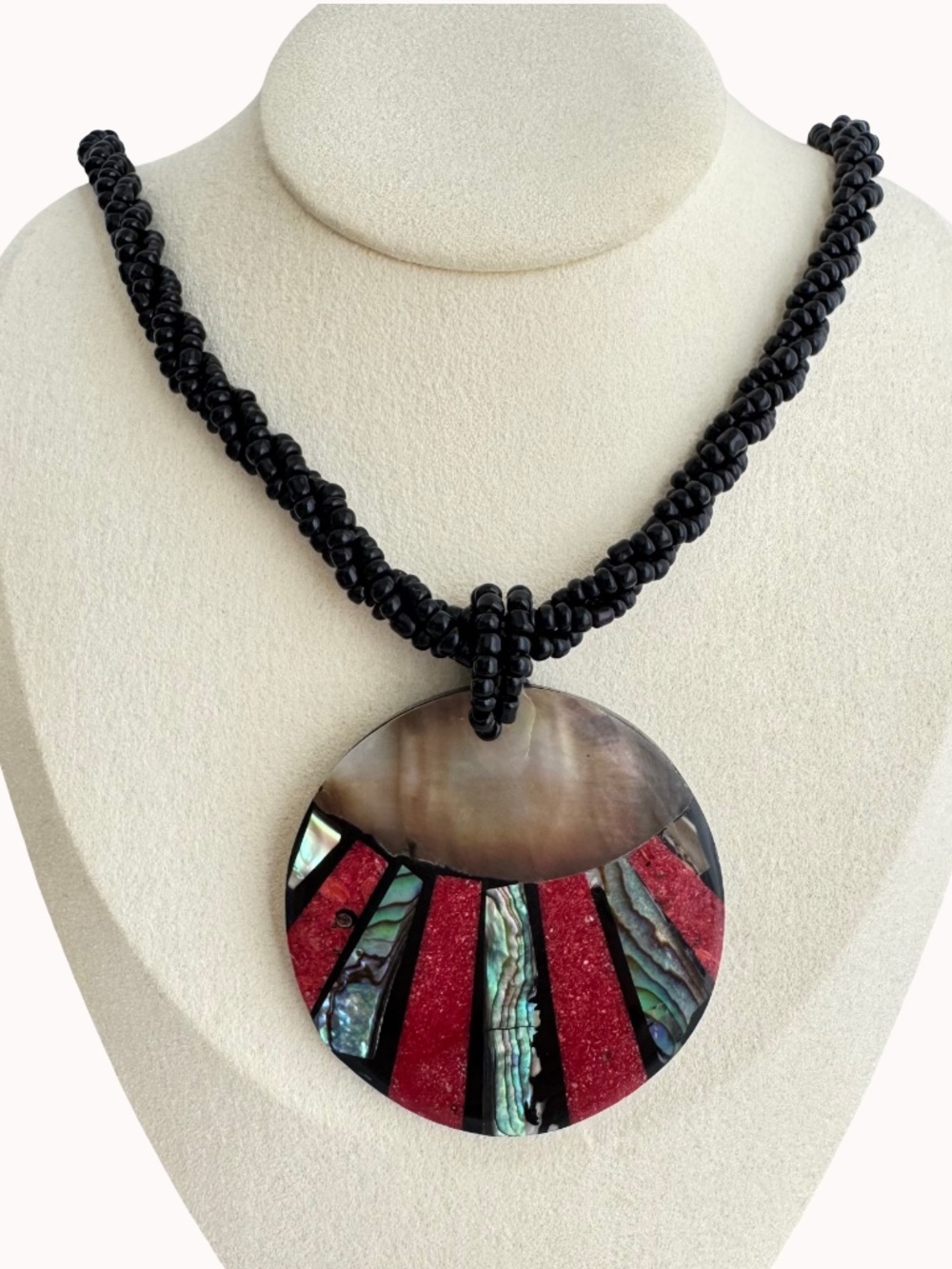 Vintage Boho Abalone Shell Pendant Necklace Black Seed Bead Chain Artisan Jewel